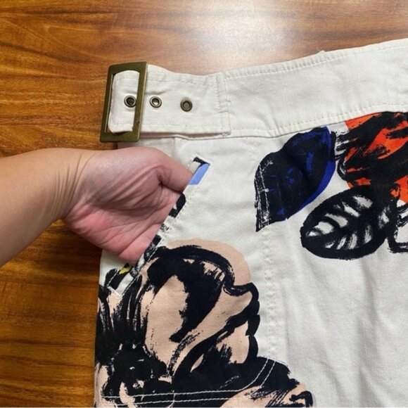 Anthropologie Maeve White Multicolor Watercolor Floral Belt Denim Skirt Size 4 - Picture 9 of 16